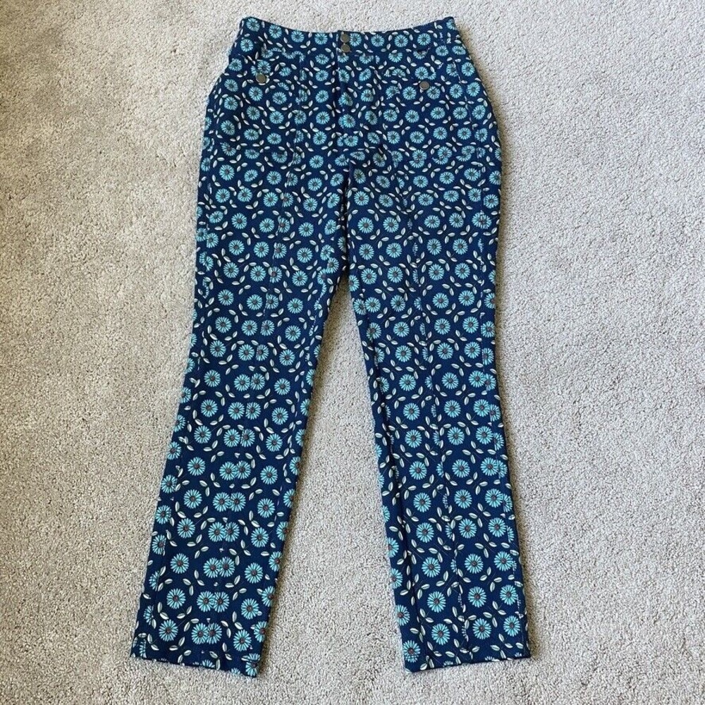 Anthropologie Maeve Sz 6 Ponte Pants Navy Blue Floral Stretch Thick Knit